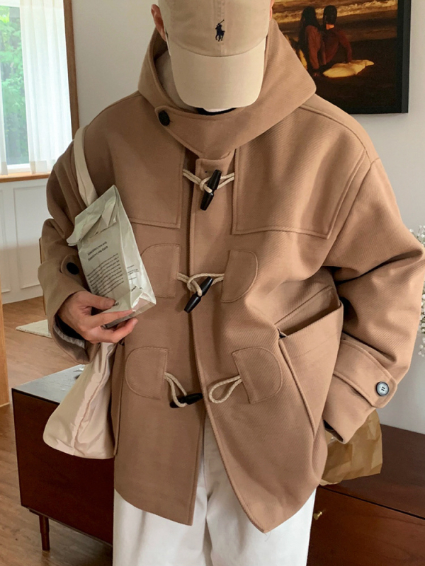 Kabát, koreai stílus, lazított szabás, kapucni, vastagított, elöl egyrészes gombolás