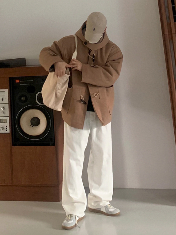 Kabát, koreai stílus, lazított szabás, kapucni, vastagított, elöl egyrészes gombolás