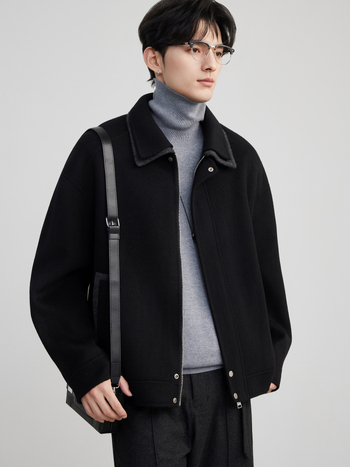 Férfi 100% gyapjú kabát, dupla gallér, kétoldalas, cipzárral, laza szabás