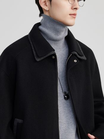 Férfi 100% gyapjú kabát, dupla gallér, kétoldalas, cipzárral, laza szabás