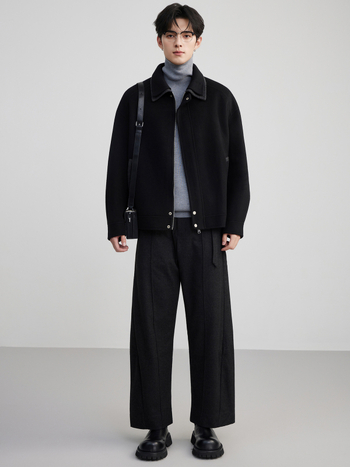 Férfi 100% gyapjú kabát, dupla gallér, kétoldalas, cipzárral, laza szabás