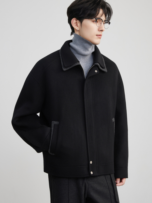 Férfi 100% gyapjú kabát, dupla gallér, kétoldalas, cipzárral, laza szabás