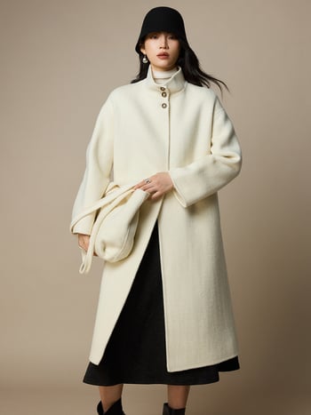 Ženski dvostrano vuneni kaput, dugačak, s tri gumba na prednjem dijelu, stojeći ovratnik, elegantan gradski stil