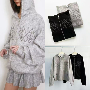 Női gyapjú kabát kapucnival és cipzárral, gyémánt mintázatú díszítéssel, középhosszú, laza szabás