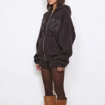 Női gyapjú kabát kapucnival és cipzárral, gyémánt mintázatú díszítéssel, középhosszú, laza szabás