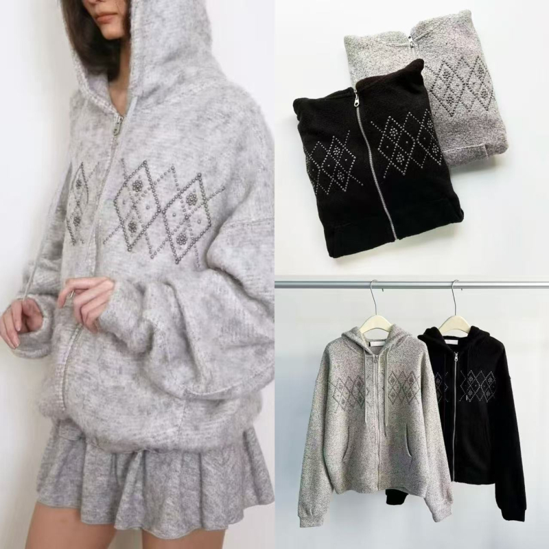 Női gyapjú kabát kapucnival és cipzárral, gyémánt mintázatú díszítéssel, középhosszú, laza szabás