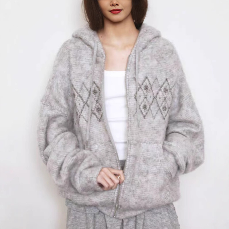 Női gyapjú kabát kapucnival és cipzárral, gyémánt mintázatú díszítéssel, középhosszú, laza szabás