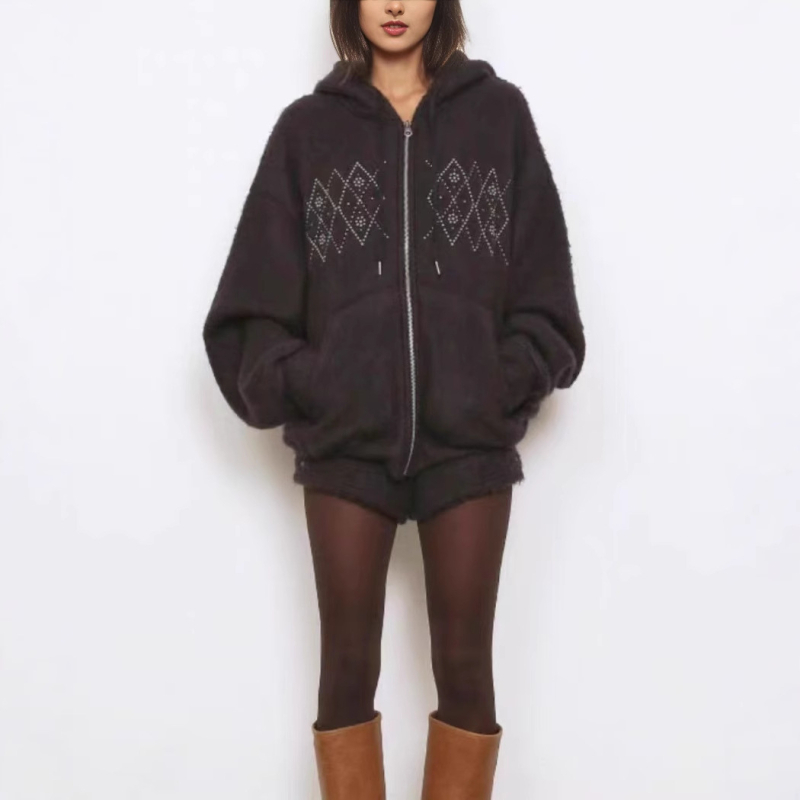 Női gyapjú kabát kapucnival és cipzárral, gyémánt mintázatú díszítéssel, középhosszú, laza szabás