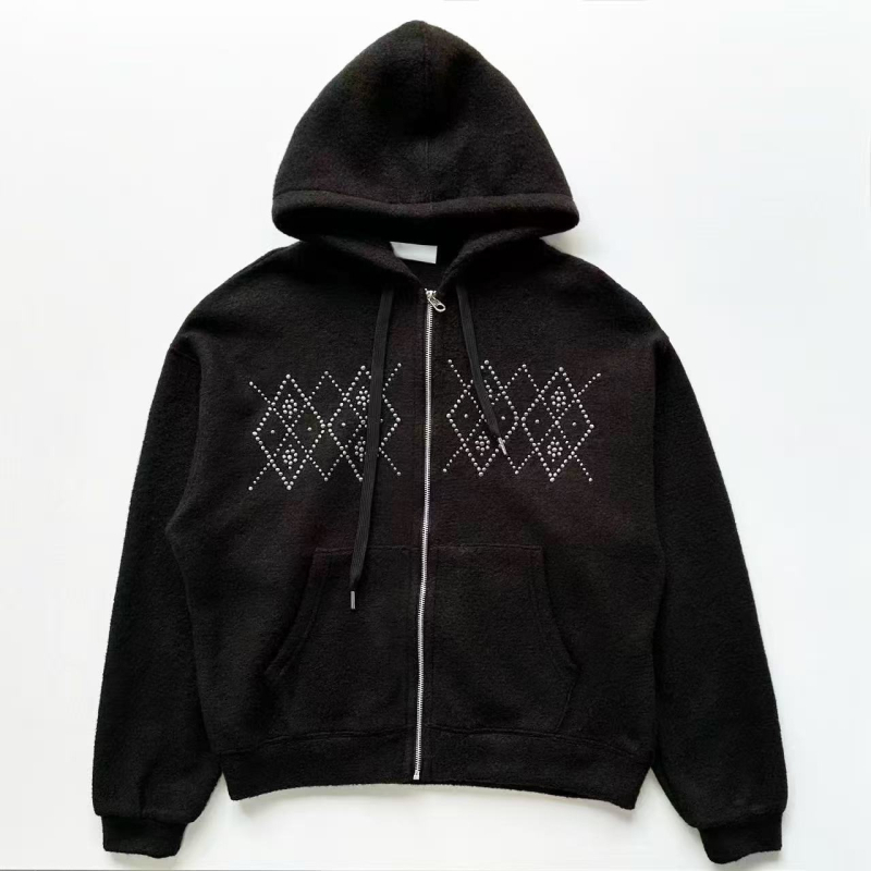 Női gyapjú kabát kapucnival és cipzárral, gyémánt mintázatú díszítéssel, középhosszú, laza szabás