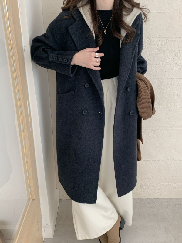Ženski dugi vuneni kaput s kapuljom, slobodan kroj, dvostruko kopčanje, korejski stil