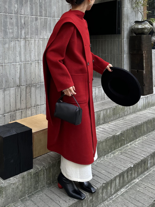 Ženski vuneni kaput sa šal-golom, dvostruki red gumba, duga verzija, elegantan gradski stil