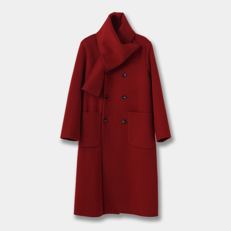 Ženski vuneni kaput sa šal-golom, dvostruki red gumba, duga verzija, elegantan gradski stil