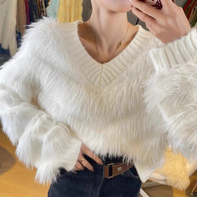 Debeli pleteni pulover s V-izrezom, dugim rukavima, srednja duljina, gusta pletenina, 50-70% spandex