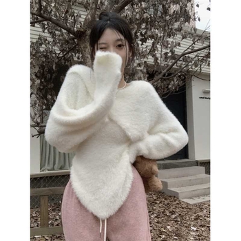 Korejskog stila pleteni top s V izrezom, Ice Silk tkanina, asimetričan uski kroj
