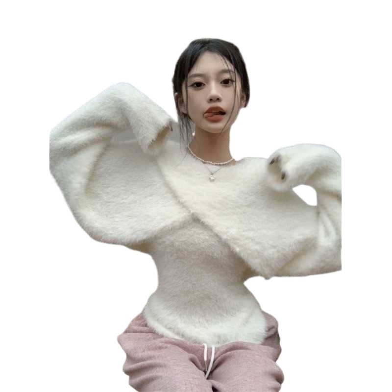 Korejskog stila pleteni top s V izrezom, Ice Silk tkanina, asimetričan uski kroj