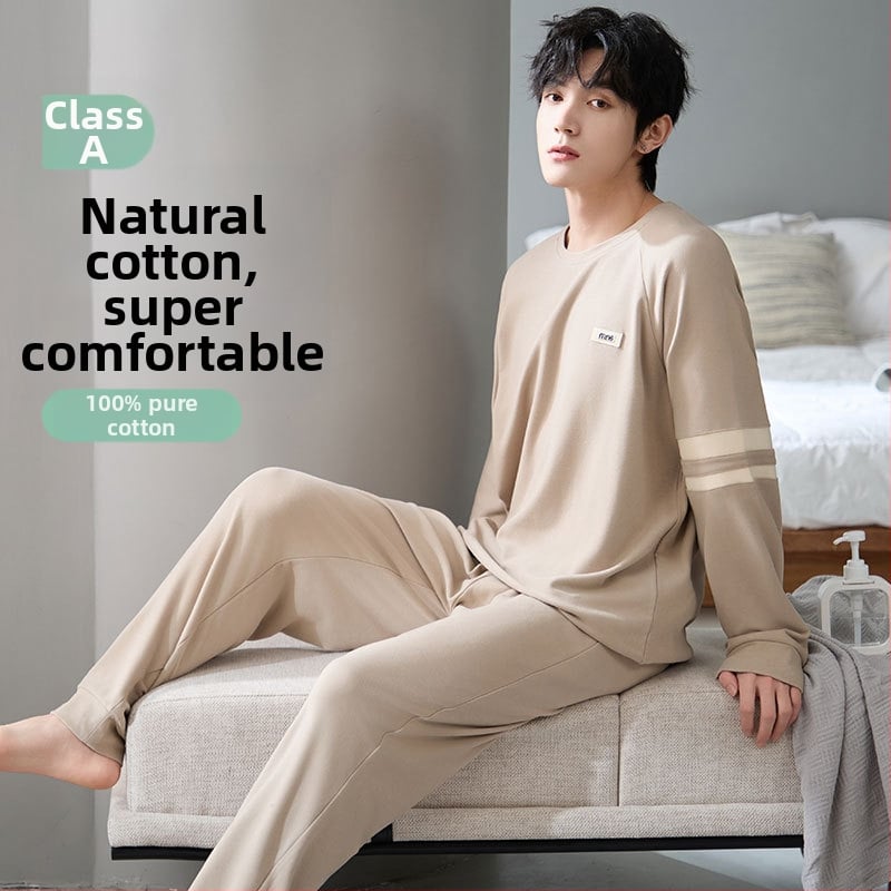 Set de pijamale din bumbac antibacterian pentru bărbați, cu mâneci lungi și pantaloni lungi, 100% bumbac, țesătură groasă 201–250 g/m²