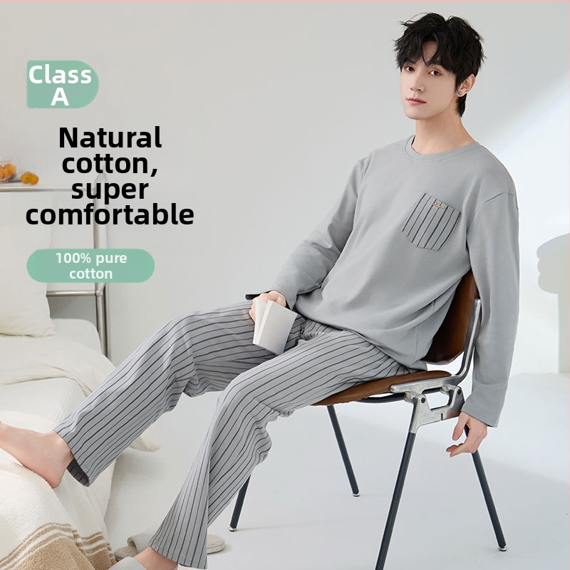 Set de pijamale din bumbac antibacterian pentru bărbați, cu mâneci lungi și pantaloni lungi, 100% bumbac, țesătură groasă 201–250 g/m²