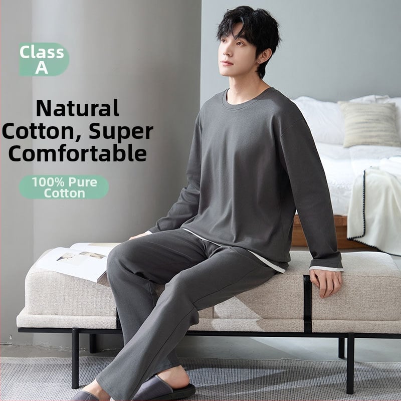 Set de pijamale din bumbac antibacterian pentru bărbați, cu mâneci lungi și pantaloni lungi, 100% bumbac, țesătură groasă 201–250 g/m²