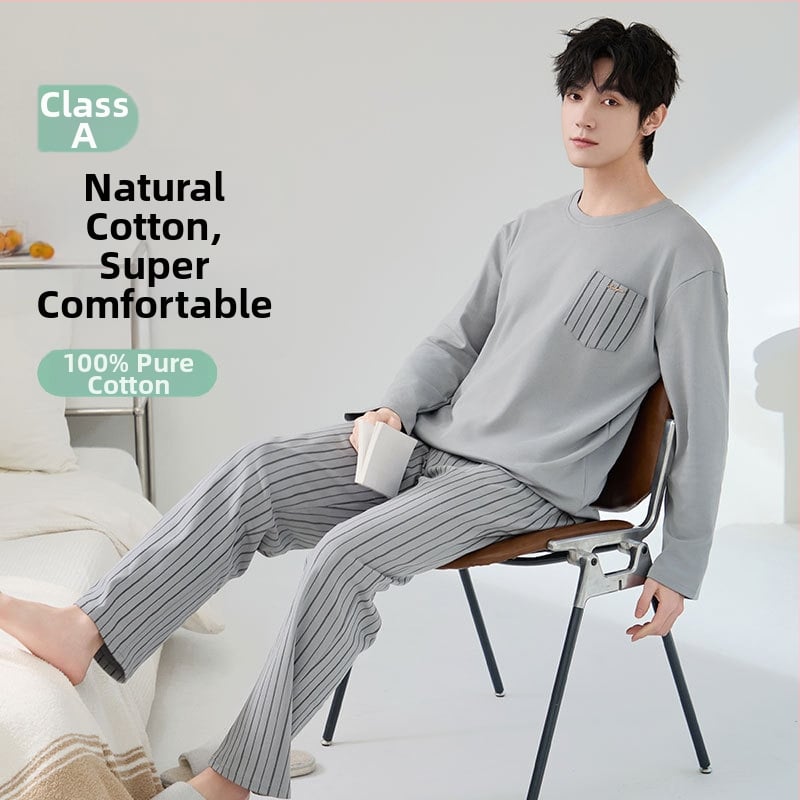 Set de pijamale din bumbac antibacterian pentru bărbați, cu mâneci lungi și pantaloni lungi, 100% bumbac, țesătură groasă 201–250 g/m²