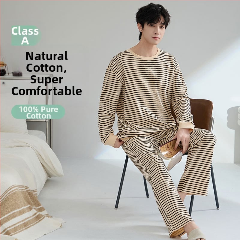 Set de pijamale din bumbac antibacterian pentru bărbați, cu mâneci lungi și pantaloni lungi, 100% bumbac, țesătură groasă 201–250 g/m²