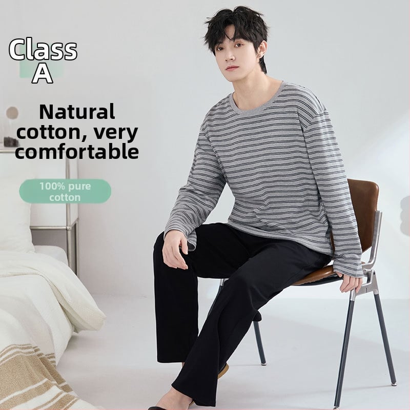 Set de pijamale din bumbac antibacterian pentru bărbați, cu mâneci lungi și pantaloni lungi, 100% bumbac, țesătură groasă 201–250 g/m²