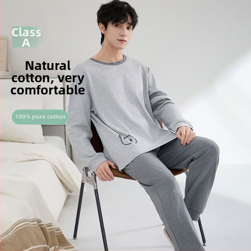 Set de pijamale din bumbac antibacterian pentru bărbați, cu mâneci lungi și pantaloni lungi, 100% bumbac, țesătură groasă 201–250 g/m²