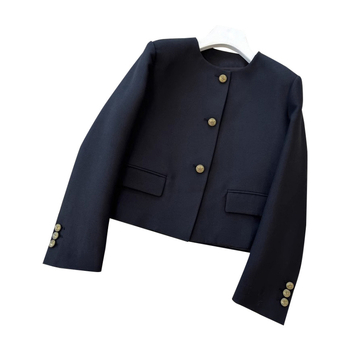 Boxy kratka jakna s retro metalnom kopčom, ženski, poliester, okrugli ovratnik, dugi rukavi, kopčanje na jednom redu