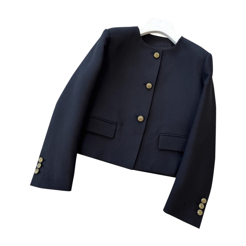 Boxy kratka jakna s retro metalnom kopčom, ženski, poliester, okrugli ovratnik, dugi rukavi, kopčanje na jednom redu