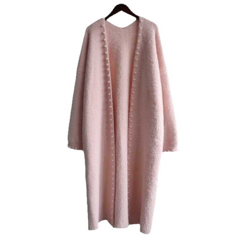 Dugi, široki kardigan od imitacijskog mink velura, debeli, V-izrez, dugi rukavi