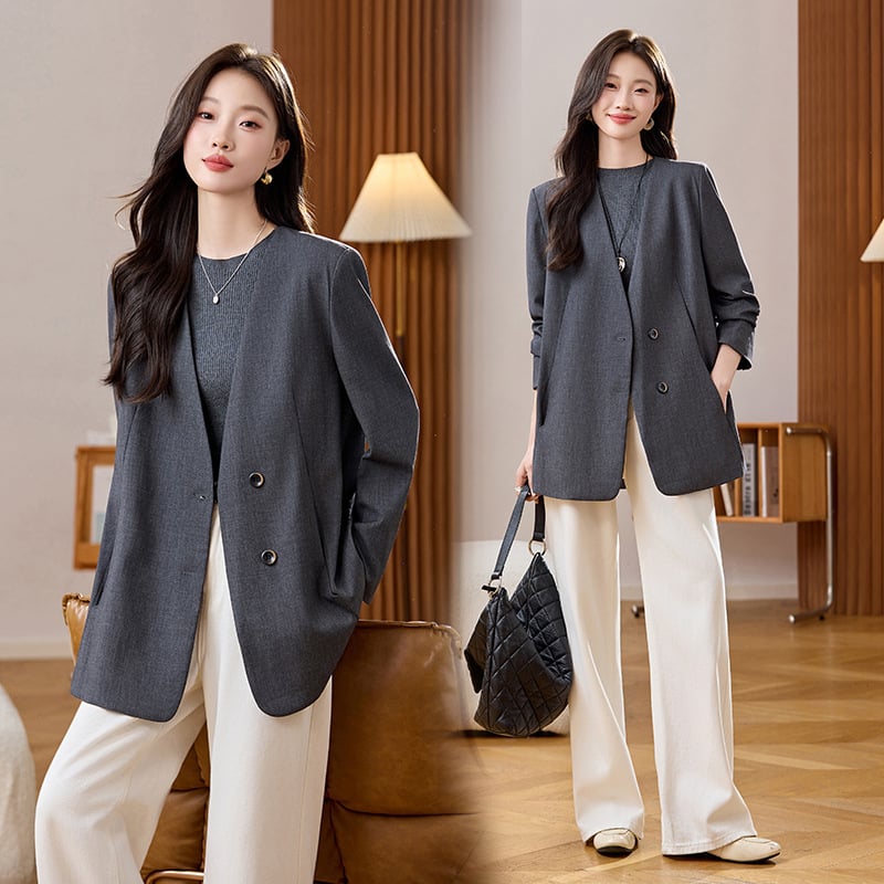 Női kosztüm dzseki, V-nyakú, egyrészes gombolású, középhosszú, poliészter (95%+)