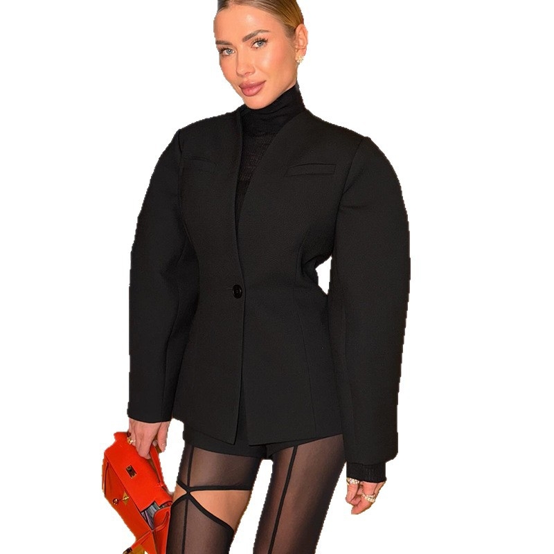 Slim-fit ženski blazer-top s V-izrezom i puff rukavima, srednja duljina, poliester smjesa