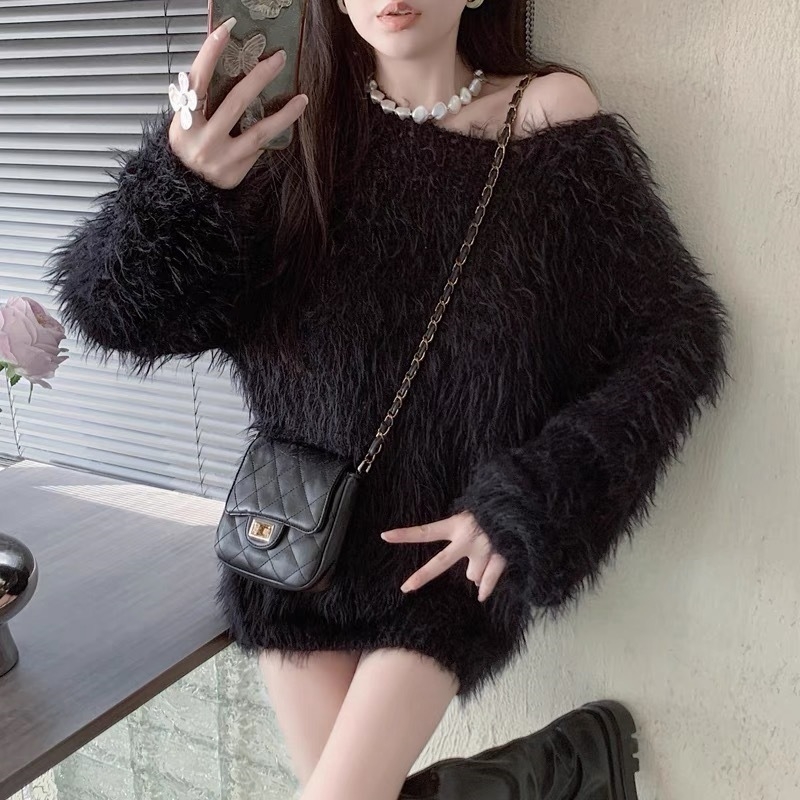 Korejski stil Mink Velvet pleteni džemper, opuštena silueta, kapuljača, srednja duljina