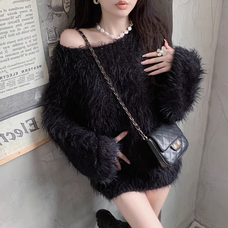 Korejski stil Mink Velvet pleteni džemper, opuštena silueta, kapuljača, srednja duljina
