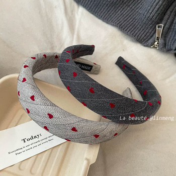 Bandă de păr în stil coreean, retro, cu inimă și carouri, din material textil, lucrată manual, pentru femei, colecția de iarnă 2024