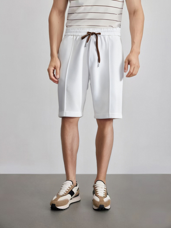 Férfi pamutkeverék rövidnadrág, 3/4 hosszú, elasztikus derékkal és húzózsinórral, laza szabású, háromdimenziós plisék