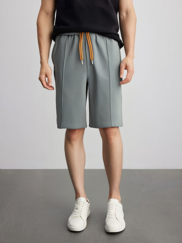 Férfi pamutkeverék rövidnadrág, 3/4 hosszú, elasztikus derékkal és húzózsinórral, laza szabású, háromdimenziós plisék