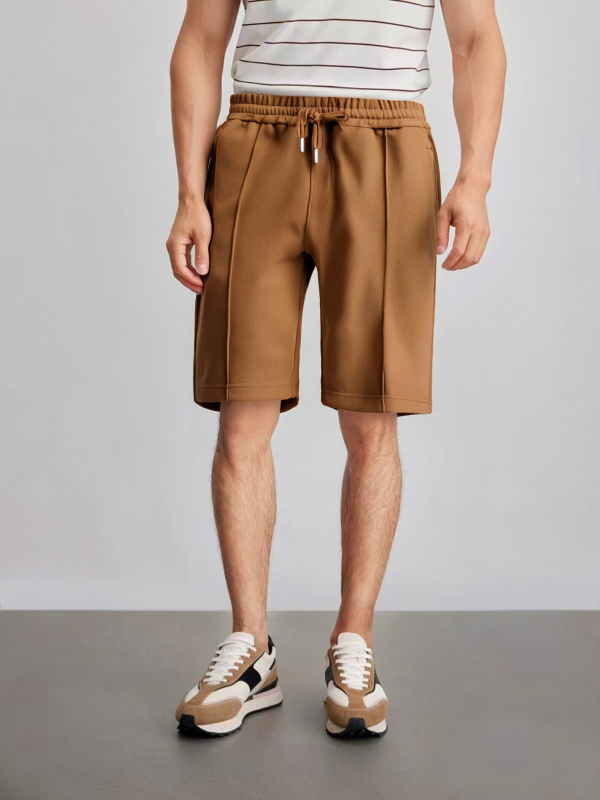 Férfi pamutkeverék rövidnadrág, 3/4 hosszú, elasztikus derékkal és húzózsinórral, laza szabású, háromdimenziós plisék