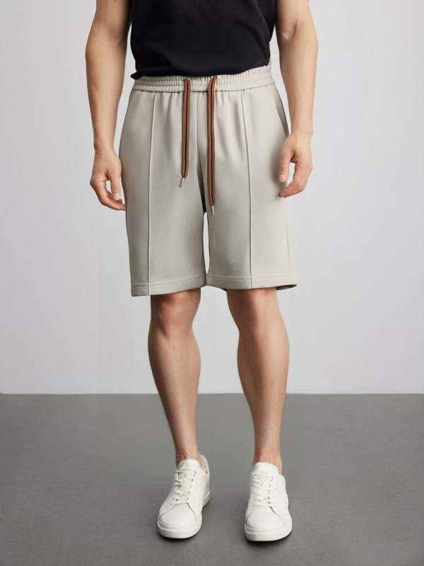 Férfi pamutkeverék rövidnadrág, 3/4 hosszú, elasztikus derékkal és húzózsinórral, laza szabású, háromdimenziós plisék