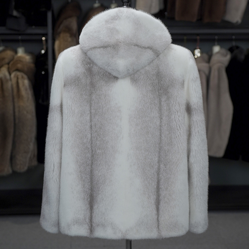 Férfi norkabőr kabát kapucnival, cipzárral, színblokkolt mintával.