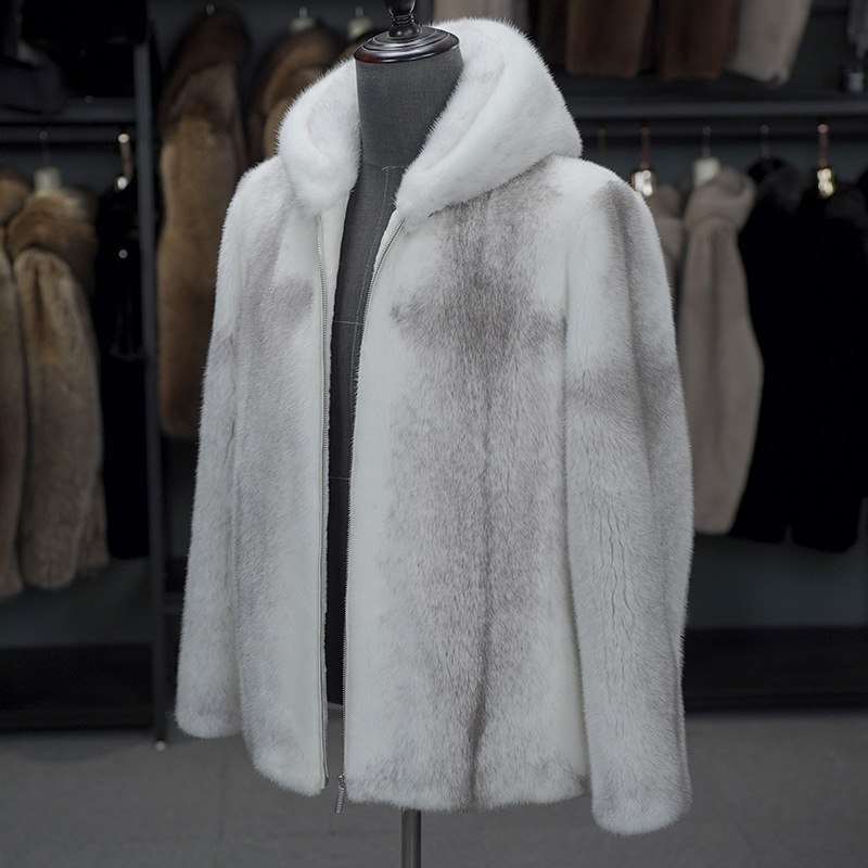 Férfi norkabőr kabát kapucnival, cipzárral, színblokkolt mintával.