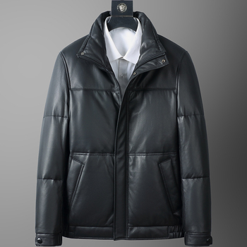 Ανδρικό δερμάτινο μπουφάν από κατσικίσιο δέρμα με χνούδι χήνας, στενή εφαρμογή, γούνα γιακάς τύπου ρεβέρ, φερμουάρ, κανονικό μήκος (50–65 cm), χωρίς κουκούλα, χειμερινό