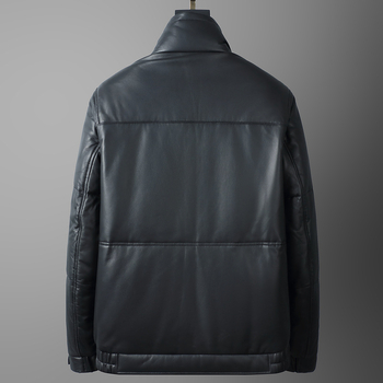 Ανδρικό δερμάτινο μπουφάν από κατσικίσιο δέρμα με χνούδι χήνας, στενή εφαρμογή, γούνα γιακάς τύπου ρεβέρ, φερμουάρ, κανονικό μήκος (50–65 cm), χωρίς κουκούλα, χειμερινό