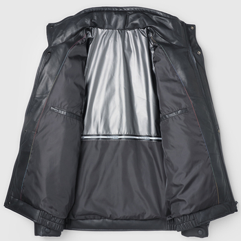 Ανδρικό δερμάτινο μπουφάν από κατσικίσιο δέρμα με χνούδι χήνας, στενή εφαρμογή, γούνα γιακάς τύπου ρεβέρ, φερμουάρ, κανονικό μήκος (50–65 cm), χωρίς κουκούλα, χειμερινό