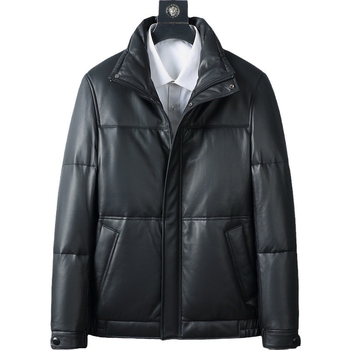 Ανδρικό δερμάτινο μπουφάν από κατσικίσιο δέρμα με χνούδι χήνας, στενή εφαρμογή, γούνα γιακάς τύπου ρεβέρ, φερμουάρ, κανονικό μήκος (50–65 cm), χωρίς κουκούλα, χειμερινό