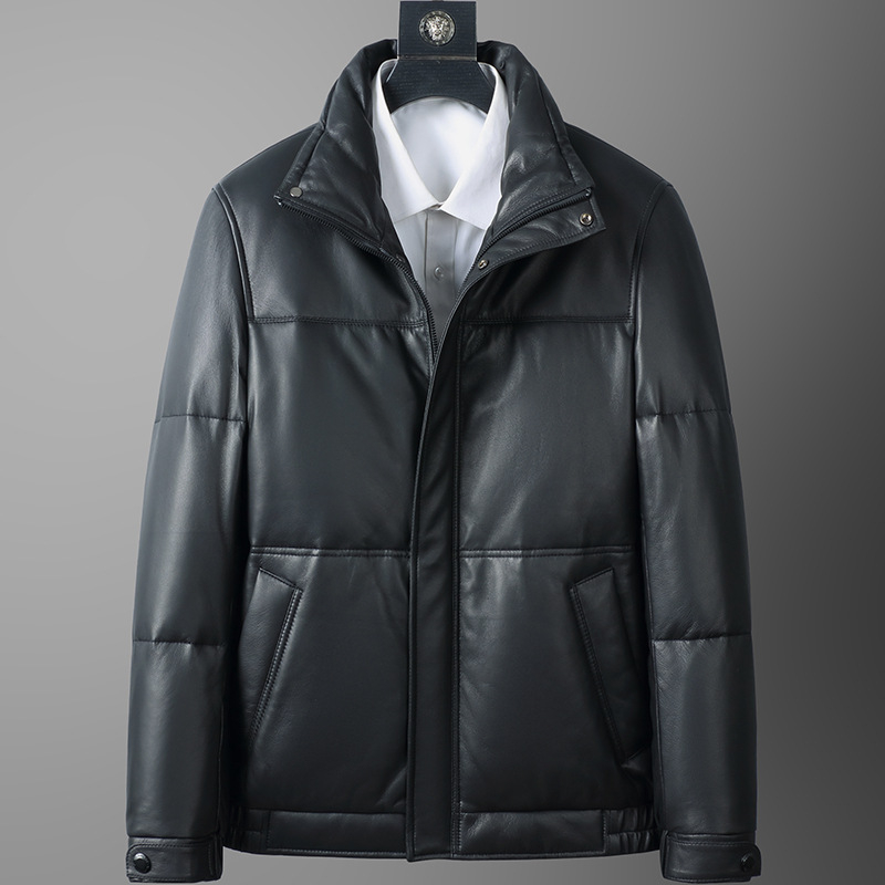 Ανδρικό δερμάτινο μπουφάν από κατσικίσιο δέρμα με χνούδι χήνας, στενή εφαρμογή, γούνα γιακάς τύπου ρεβέρ, φερμουάρ, κανονικό μήκος (50–65 cm), χωρίς κουκούλα, χειμερινό