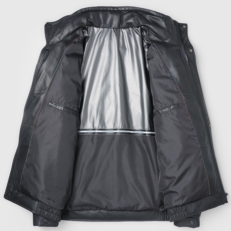 Ανδρικό δερμάτινο μπουφάν από κατσικίσιο δέρμα με χνούδι χήνας, στενή εφαρμογή, γούνα γιακάς τύπου ρεβέρ, φερμουάρ, κανονικό μήκος (50–65 cm), χωρίς κουκούλα, χειμερινό