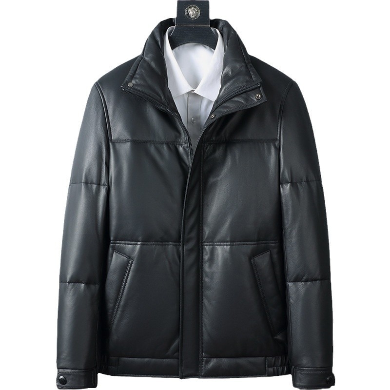 Ανδρικό δερμάτινο μπουφάν από κατσικίσιο δέρμα με χνούδι χήνας, στενή εφαρμογή, γούνα γιακάς τύπου ρεβέρ, φερμουάρ, κανονικό μήκος (50–65 cm), χωρίς κουκούλα, χειμερινό