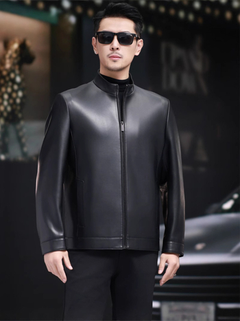 Muška jakna od prave ovčje kože, stojeći ovratnik, zatvarač, uski kroj, kratka duljina