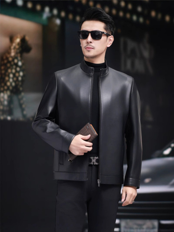 Muška jakna od prave ovčje kože, stojeći ovratnik, zatvarač, uski kroj, kratka duljina