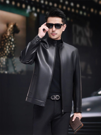 Muška jakna od prave ovčje kože, stojeći ovratnik, zatvarač, uski kroj, kratka duljina